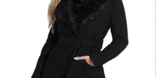 GUESS Women's Maria Faux Fur Collar Walker Coat Black Size M