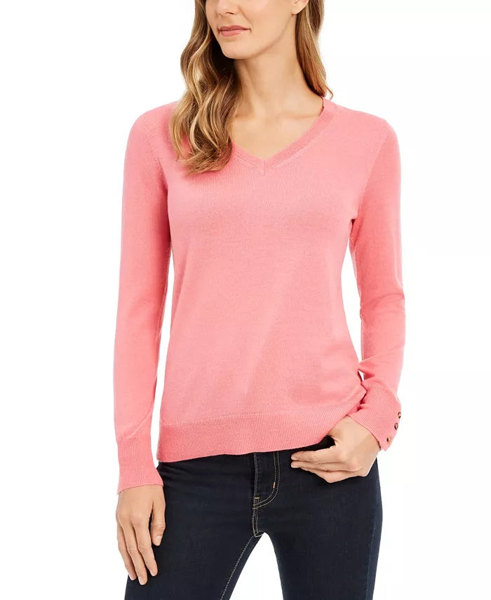 Charter Club Women's Merino Wool Button Cuff V Neck Sweater Gray Size XX-Large