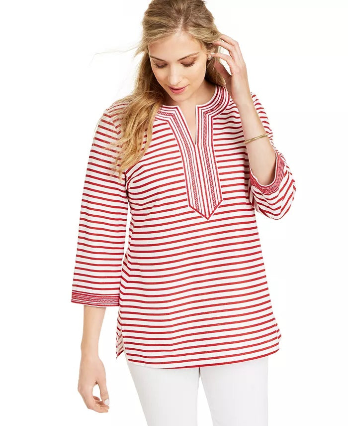 Charter Club Women's Embroidered Striped Linen Blend Tunic Red Size XX-Large