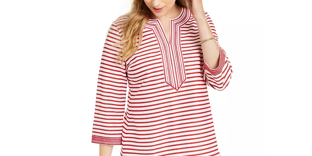 Charter Club Women's Embroidered Striped Linen Blend Tunic Red Size XX-Large
