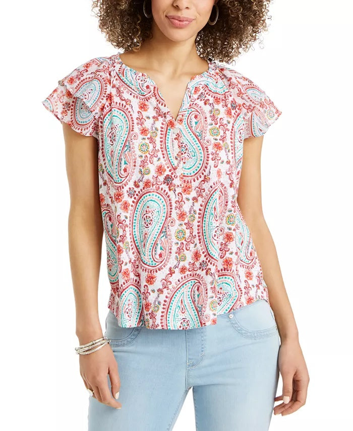 Style & Co Women's Printed Split Neck Top White Size Medium