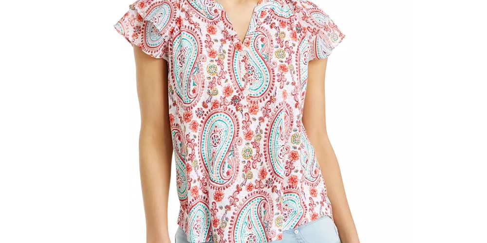 Style & Co Women's Printed Split Neck Top White Size Medium