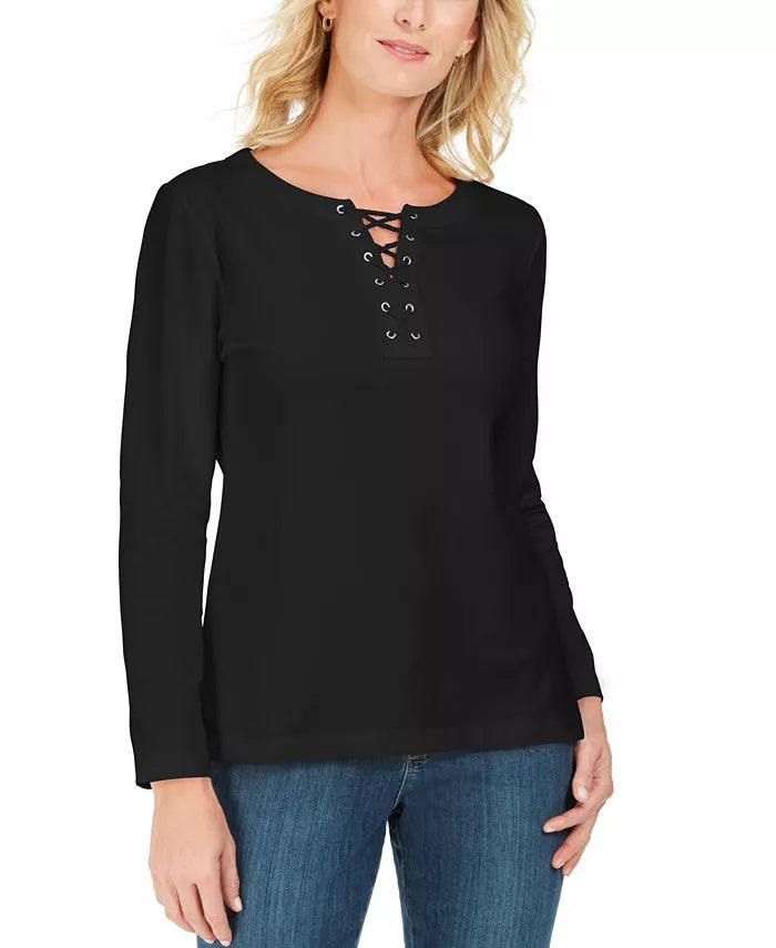 Karen Scott Women's Lace Up French Terry Sweatshirt Black Size X-Small