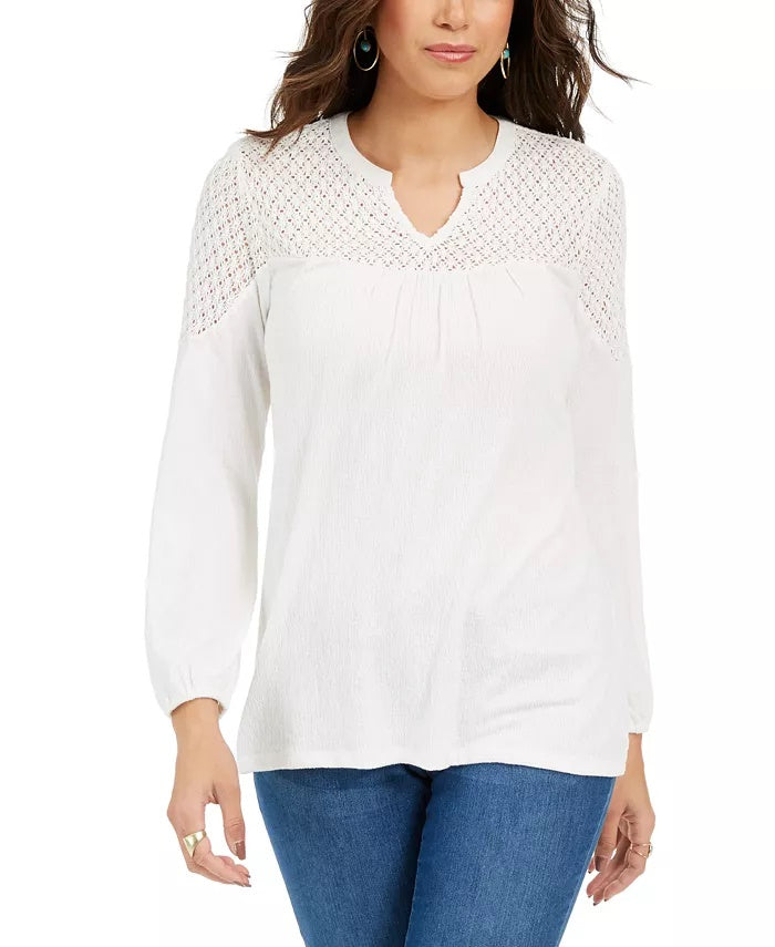 Style & Co Women's Lace Shoulder Top White Size PL