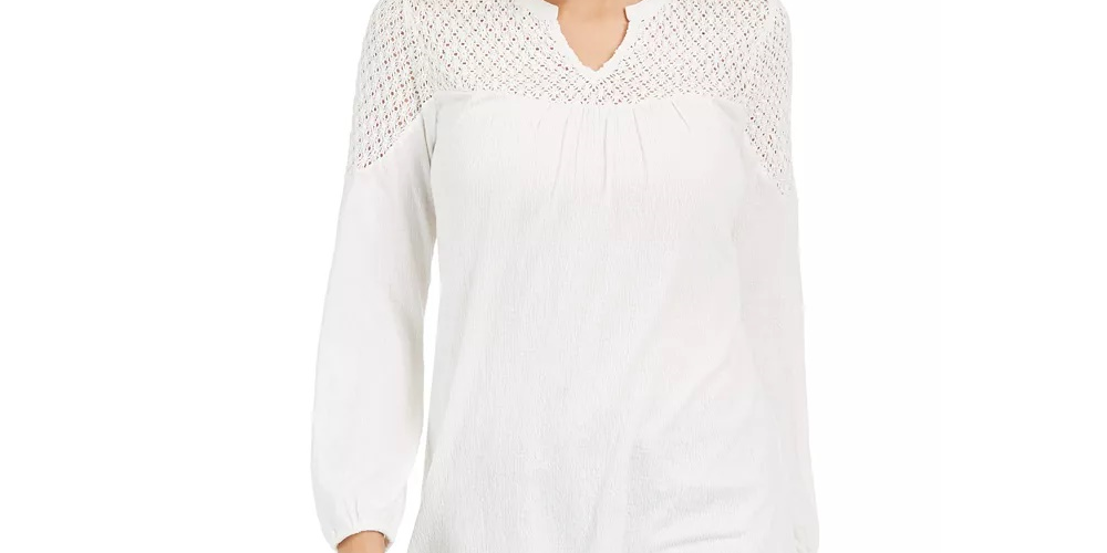 Style & Co Women's Lace Shoulder Top White Size PL