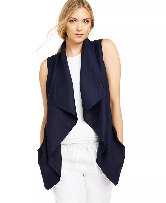 Charter Club Women's Frayed Trim Linen Blend Draped Vest Blue Size Medium