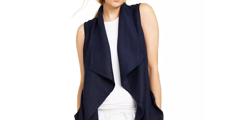 Charter Club Women's Frayed Trim Linen Blend Draped Vest Blue Size Medium