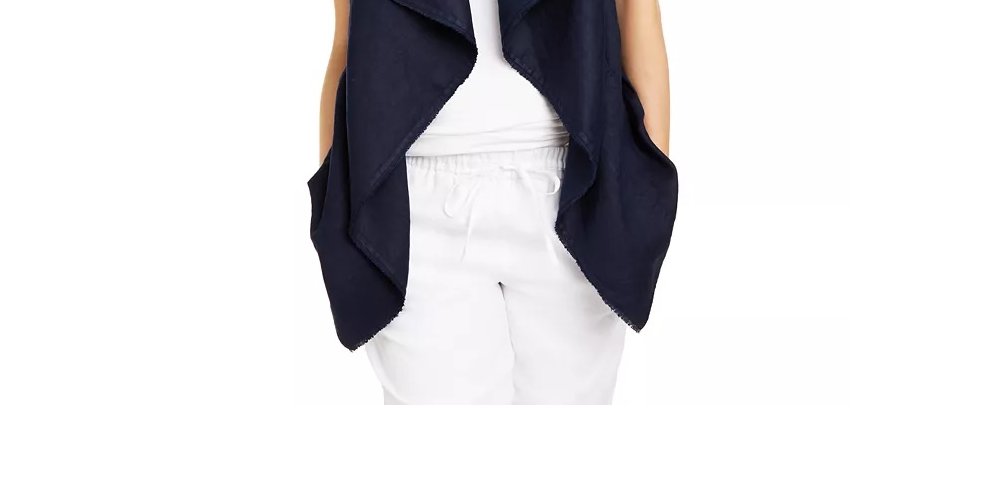 Charter Club Women's Frayed Trim Linen Blend Draped Vest Blue Size Medium