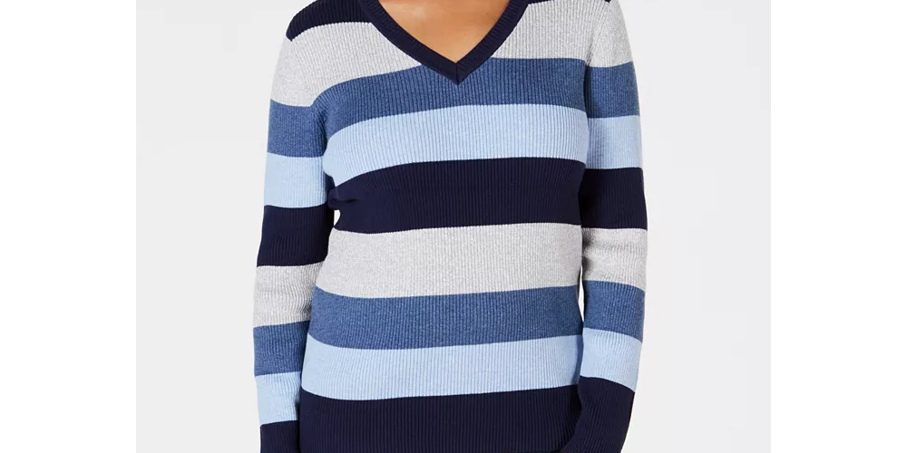 Karen Scott Women's Striped Ribbed Knit Cotton Sweater Blue/White Size Petite Medium