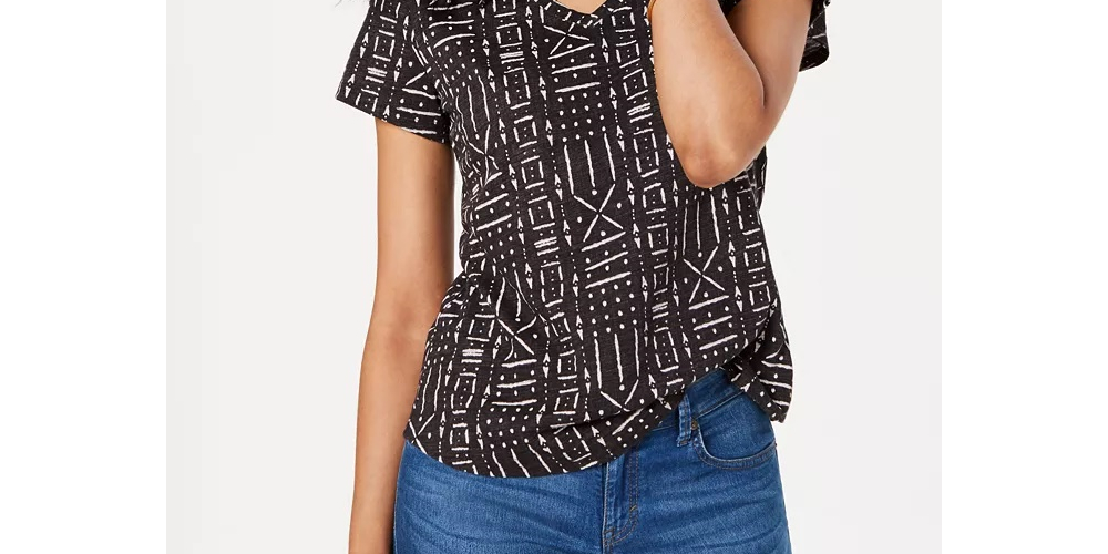 Style & Co Women's Cotton Printed V Neck Top  Black Size -PL