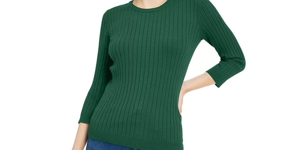Maison Jules Women's Ribbed Crew Neck Sweater Green Size X-Small