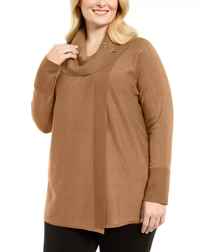 JM Collection Women's Plus Lace Up Cowlneck Sweater Yellow Size 0X