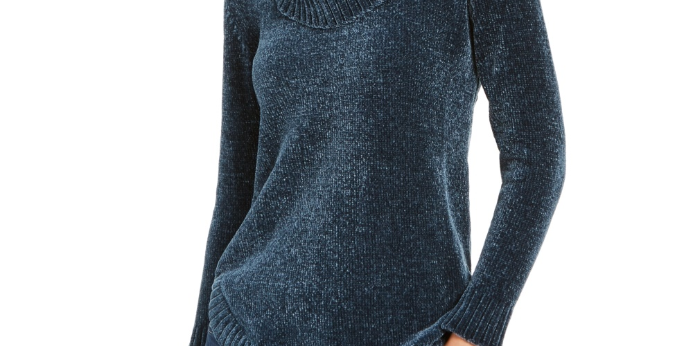 Style & Co Women's Chenille Cowl-Neck Sweater Blue Size XX-Large
