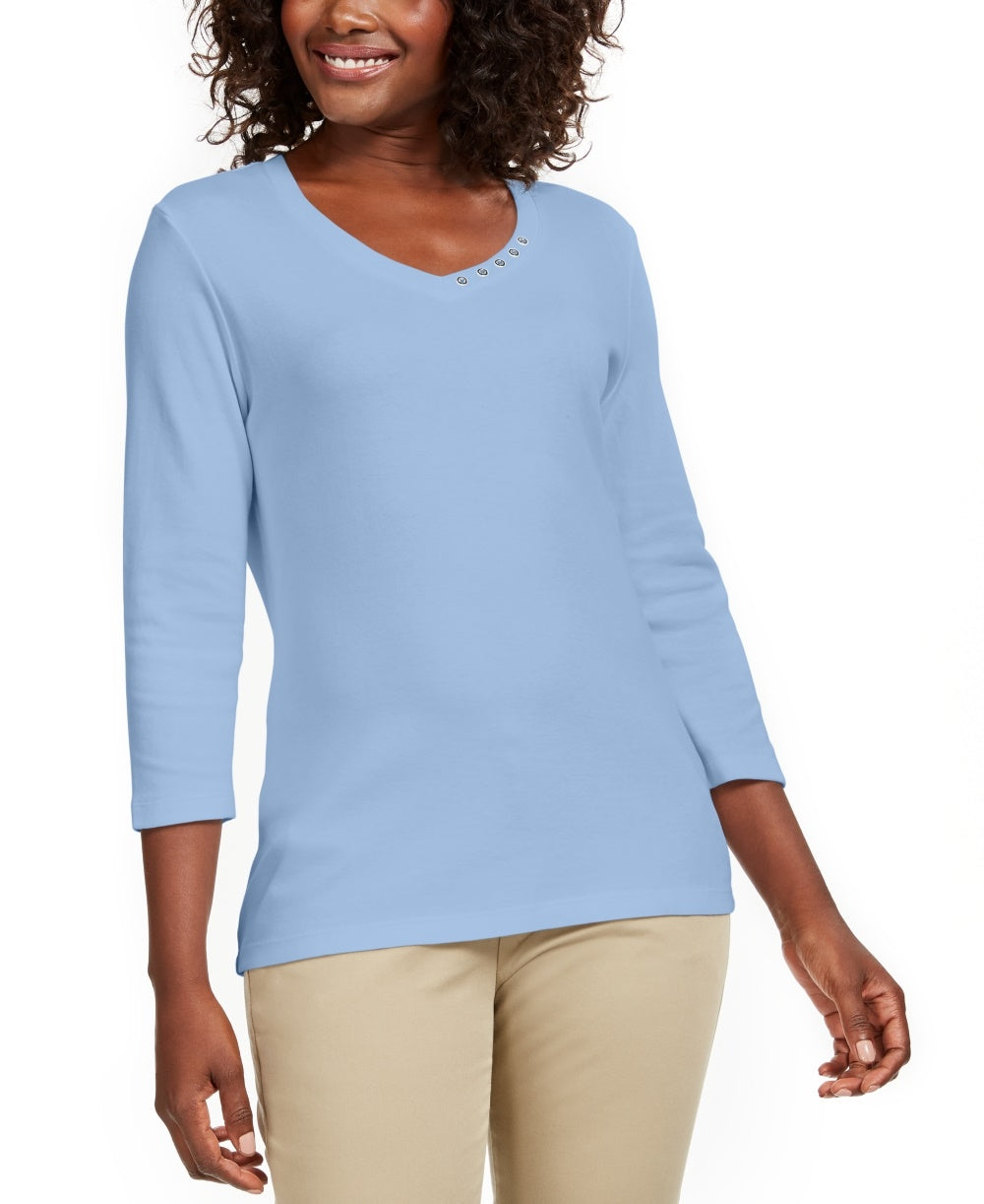 Karen Scott Women's Grommet-Neck Cotton TopBright Blue Size X-Small