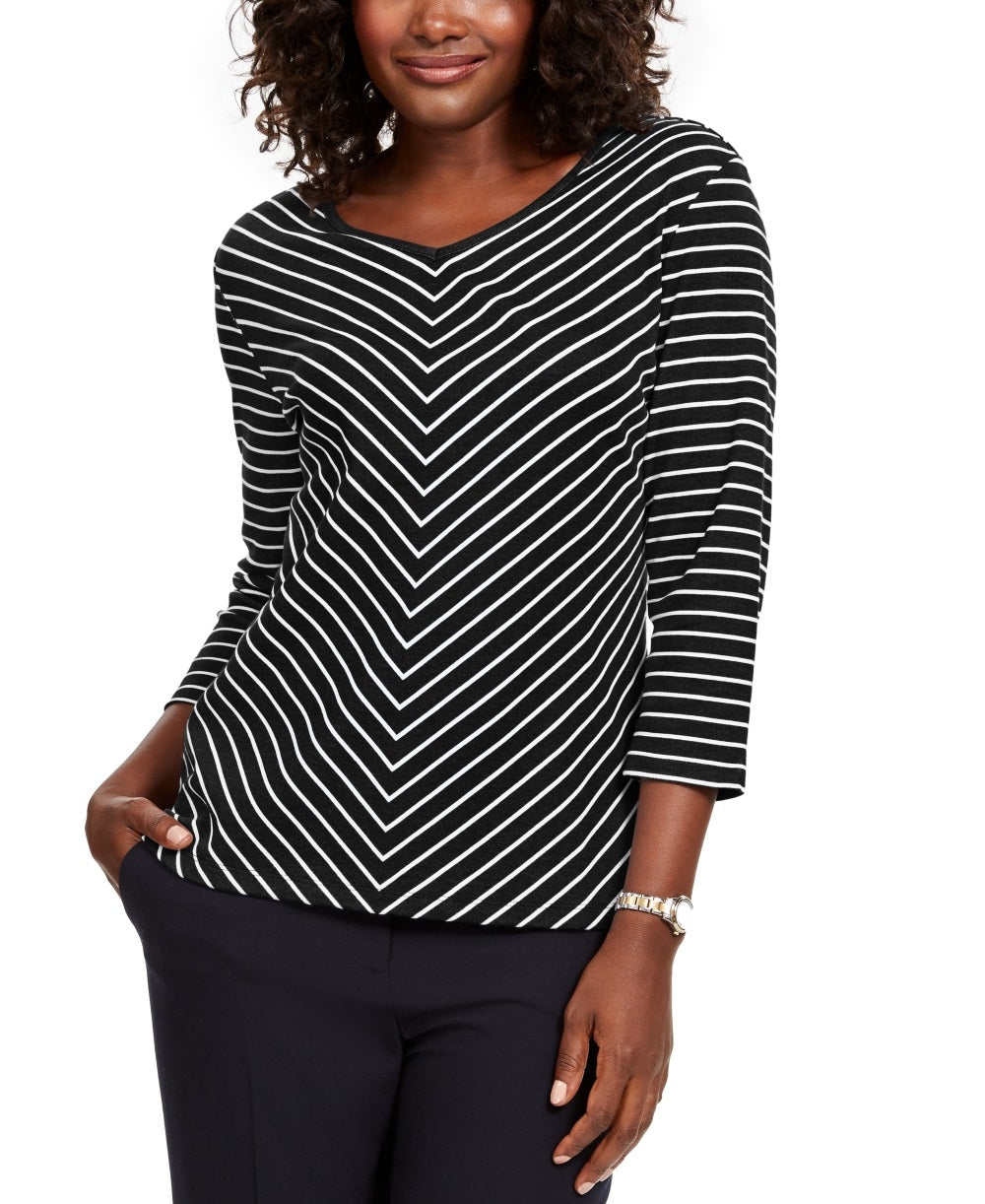 Karen Scott Women's Striped V Neck Top Black Size X-Small