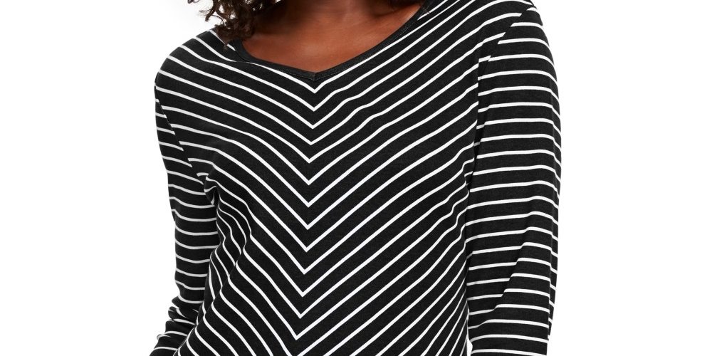 Karen Scott Women's Striped V Neck Top Black Size X-Small