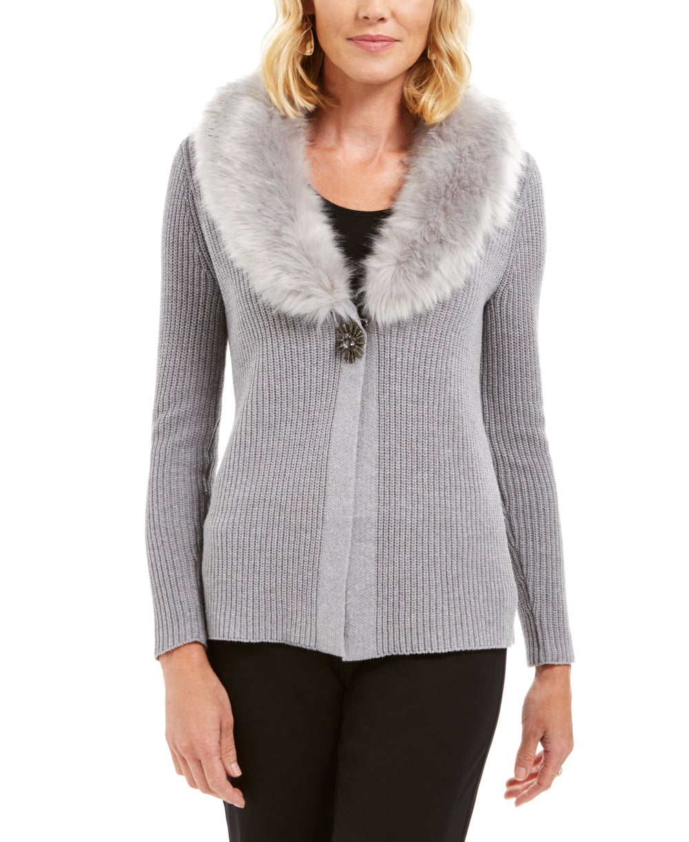 JM Collection Women's Holiday Party Faux-Fur Collar & Brooch Cardigan Silver Size X-Large