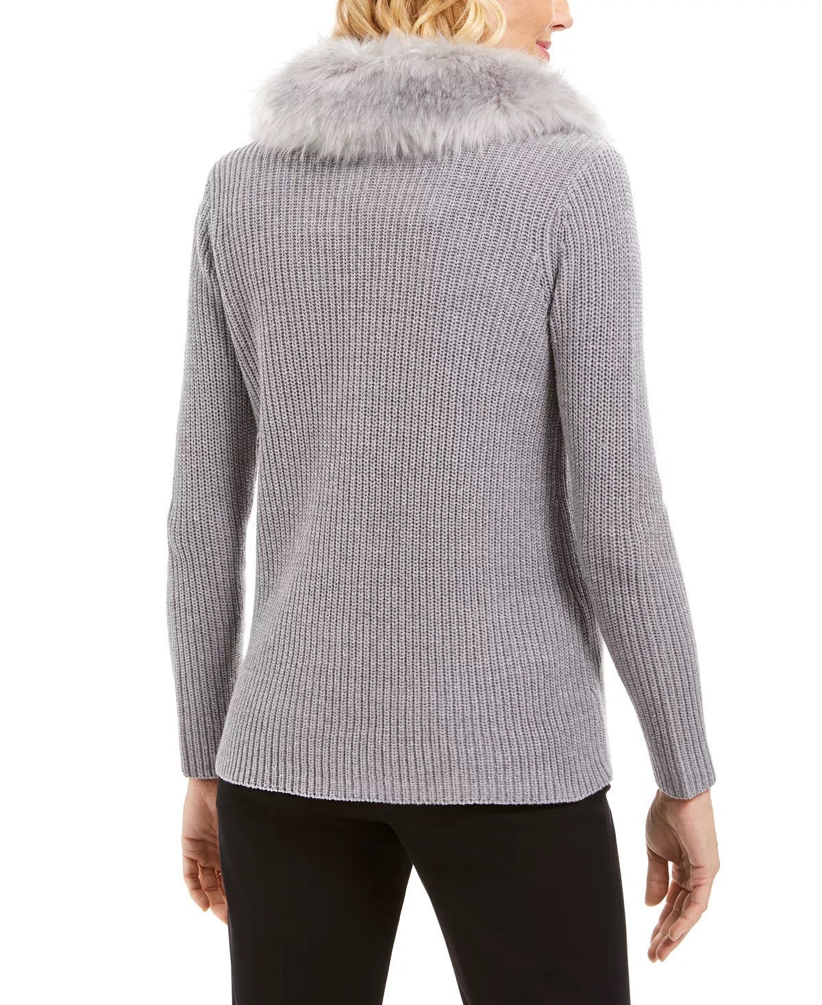 JM Collection Women's Holiday Party Faux-Fur Collar & Brooch Cardigan Silver Size X-Large