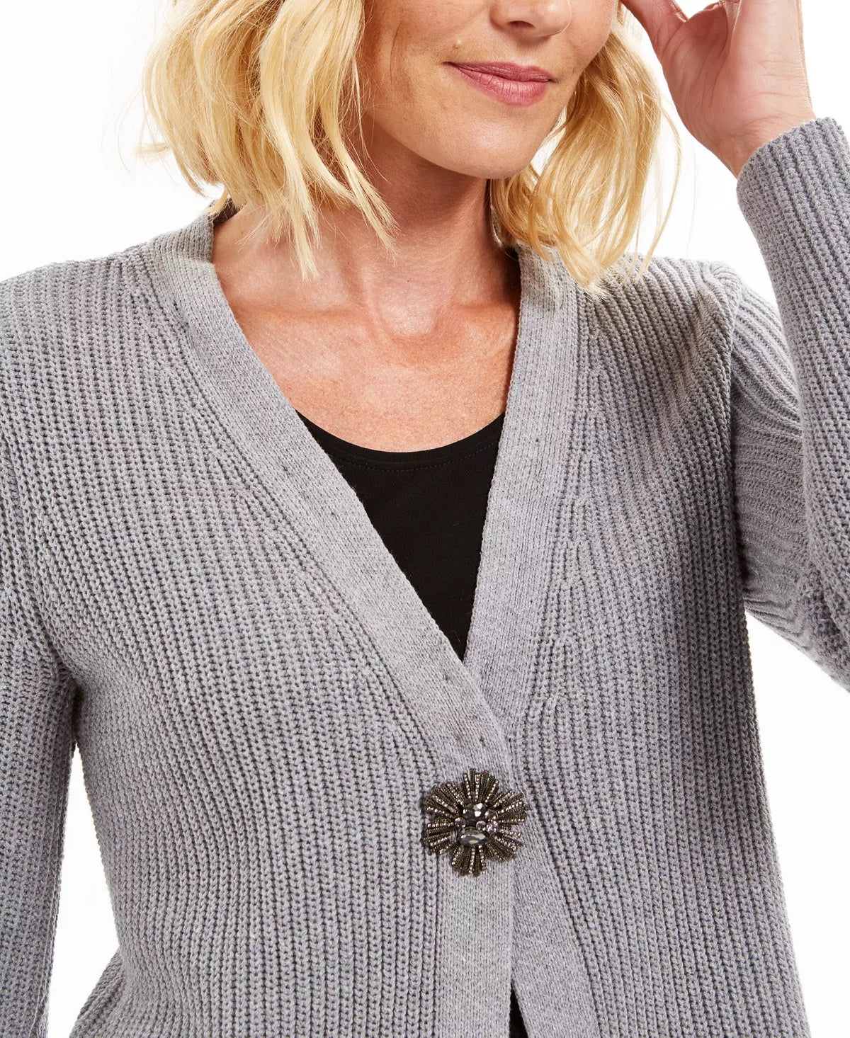 JM Collection Women's Holiday Party Faux-Fur Collar & Brooch Cardigan Silver Size X-Large