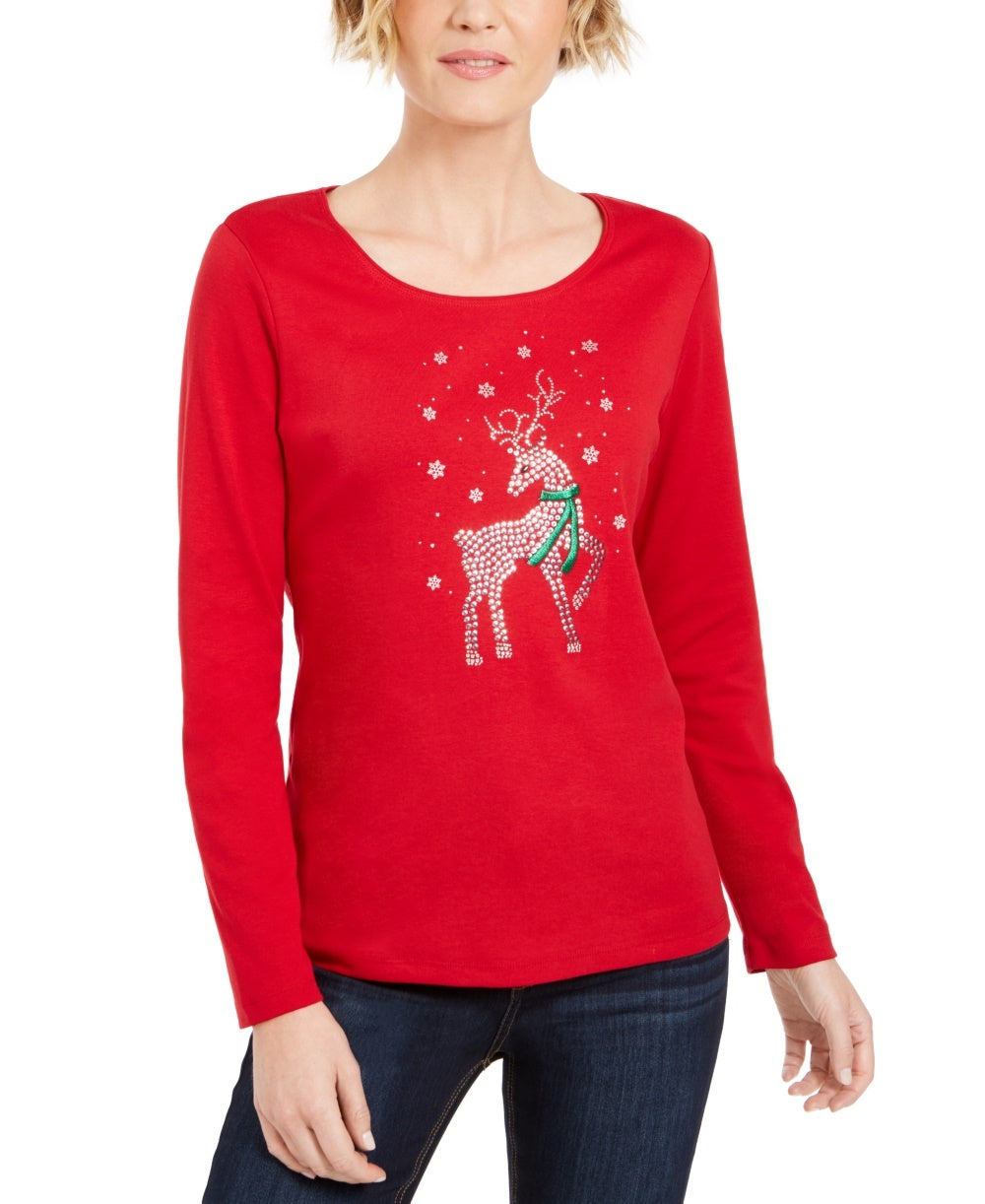 Karen Scott Women's Rhinestone Reindeer Holiday Shirt Red Size X-Large