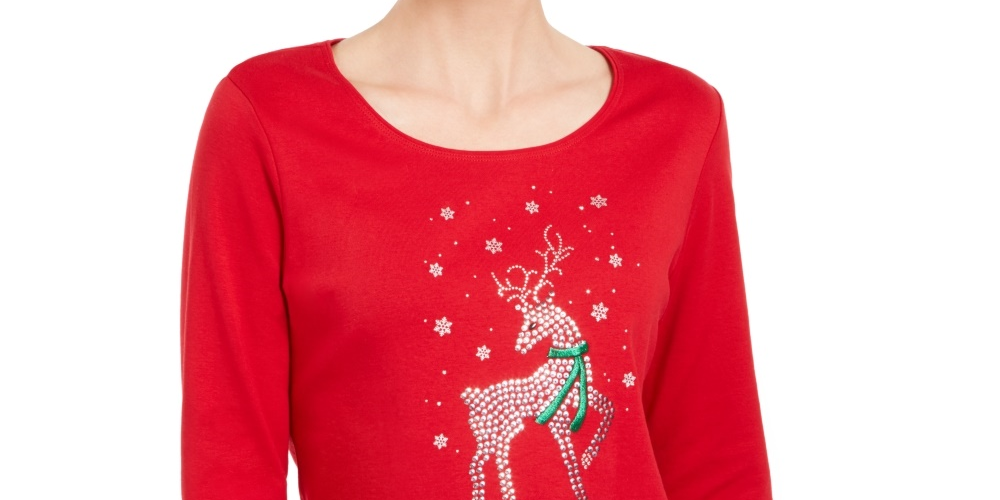 Karen Scott Women's Rhinestone Reindeer Holiday Shirt Red Size X-Large