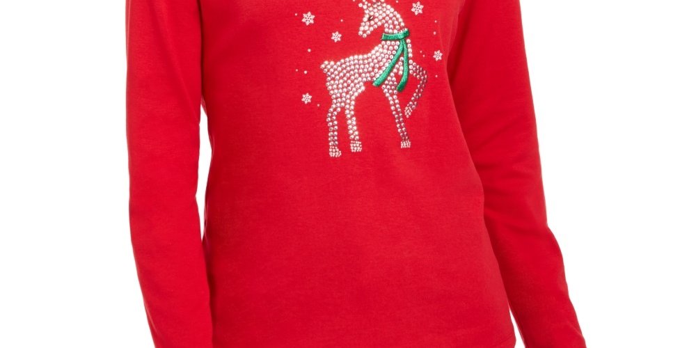 Karen Scott Women's Rhinestone Reindeer Holiday Shirt Red Size X-Large