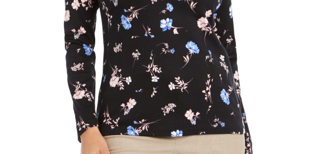 Charter Club Women's Pima Cotton Ditsy-Print TopBlack Size Small