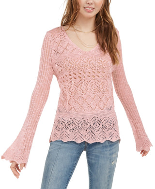 American Rag Juniors'' Pointelle-Knit Flared-Sleeve Sweater Pink Size Small