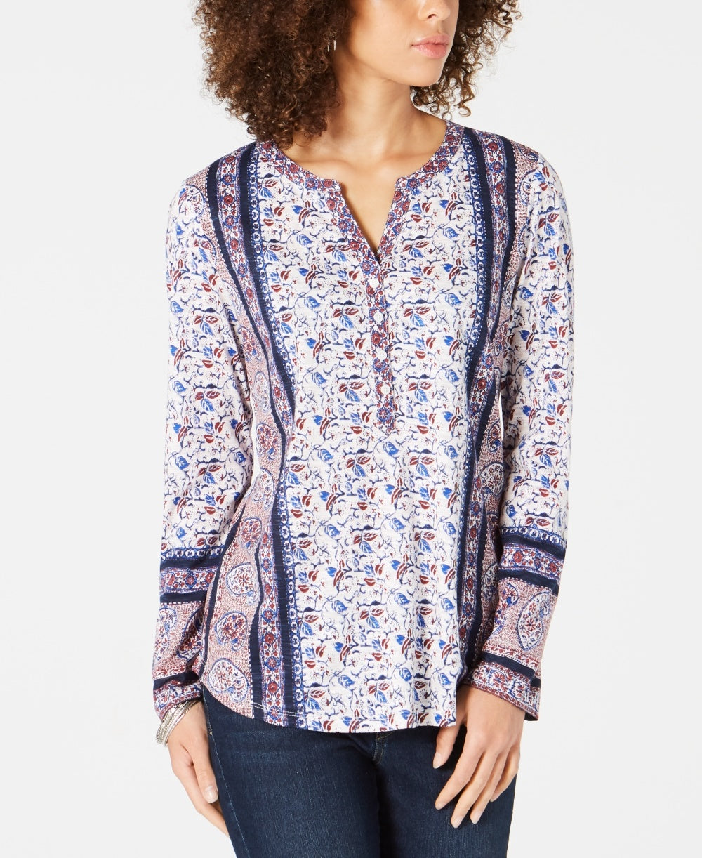 Style & Co Women's Printed Roll Tab Sleeve Top Blue Size PL
