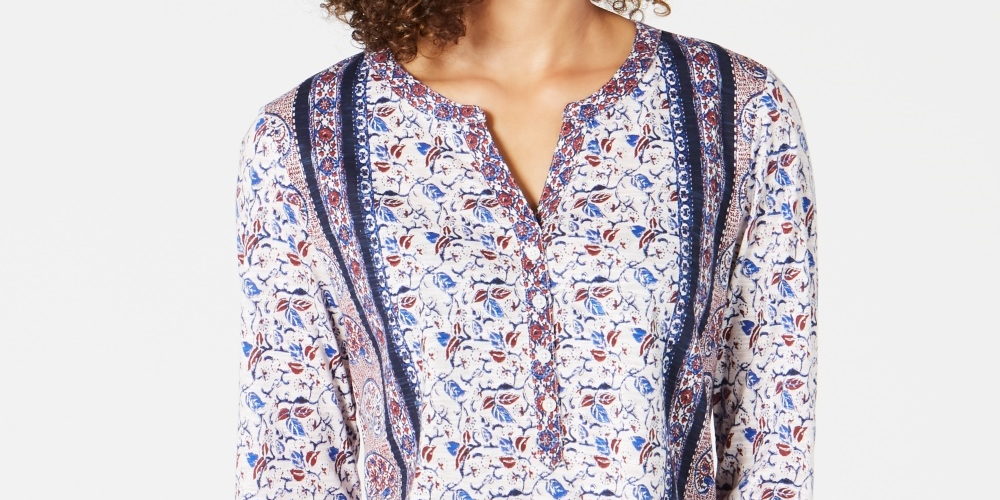 Style & Co Women's Printed Roll Tab Sleeve Top Blue Size PL