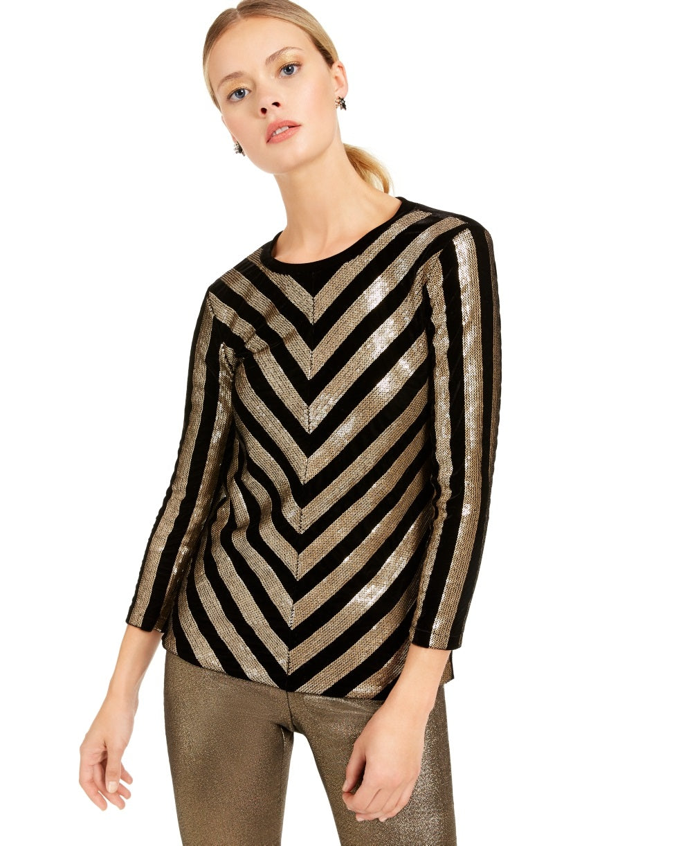 INC International Concepts Women's Velvet Sequined Chevron Top Black Size PL