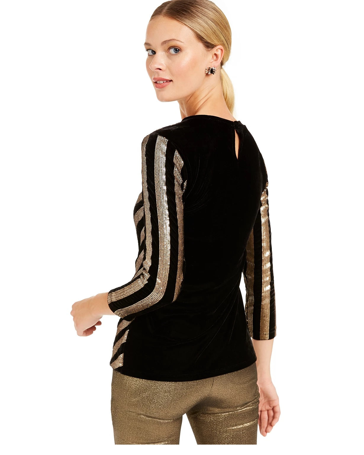 INC International Concepts Women's Velvet Sequined Chevron Top Black Size PL
