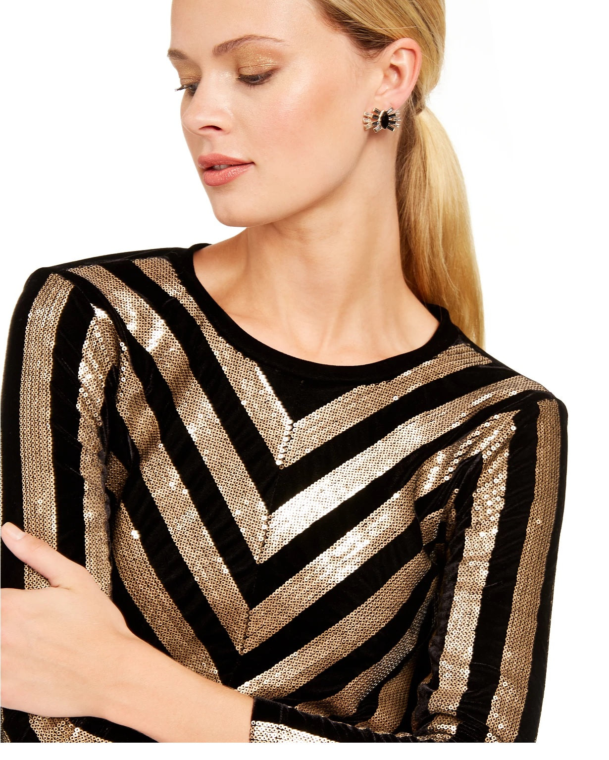 INC International Concepts Women's Velvet Sequined Chevron Top Black Size PL