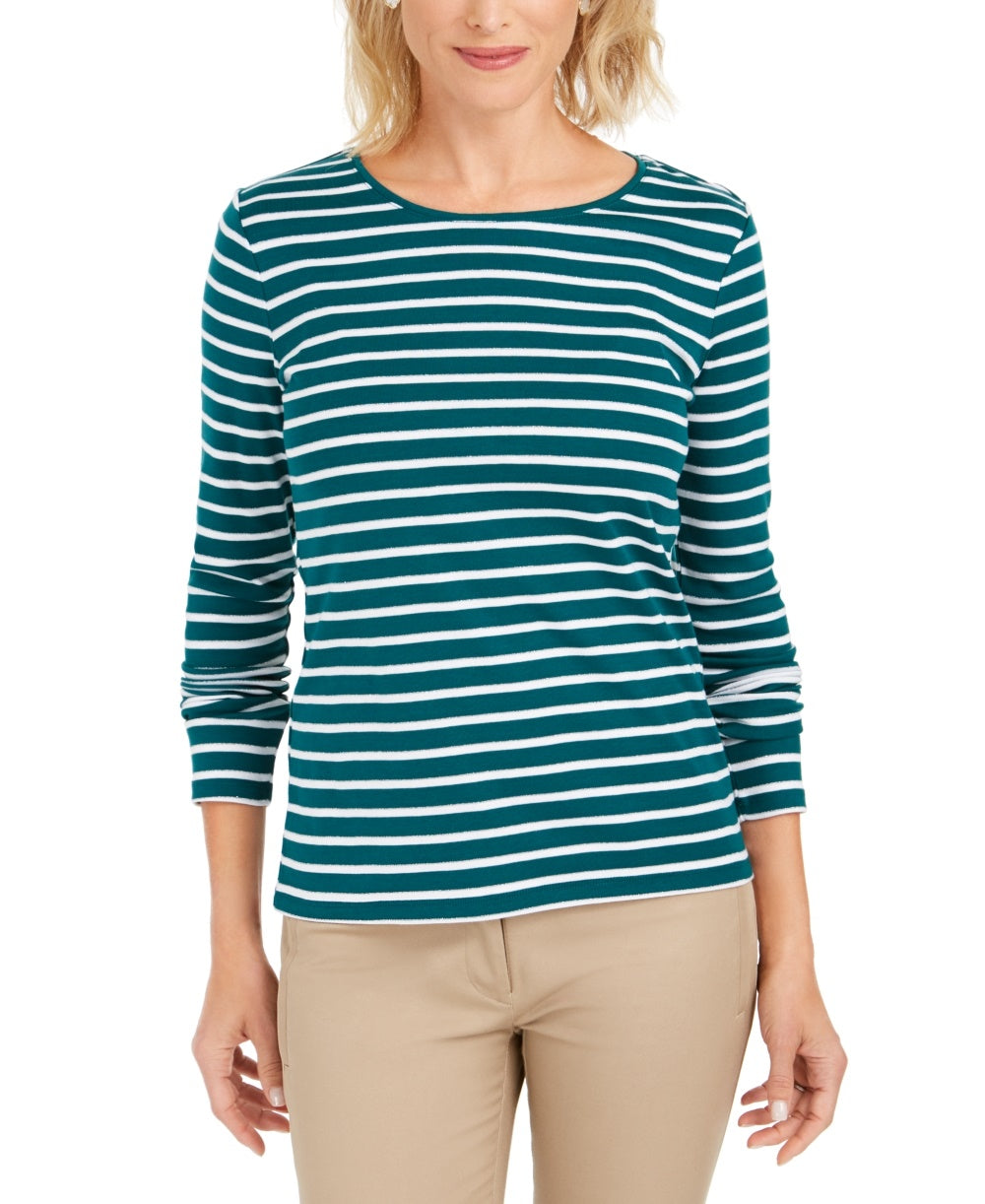 Charter Club Women's Metallic-Stripe Top Green Size Medium