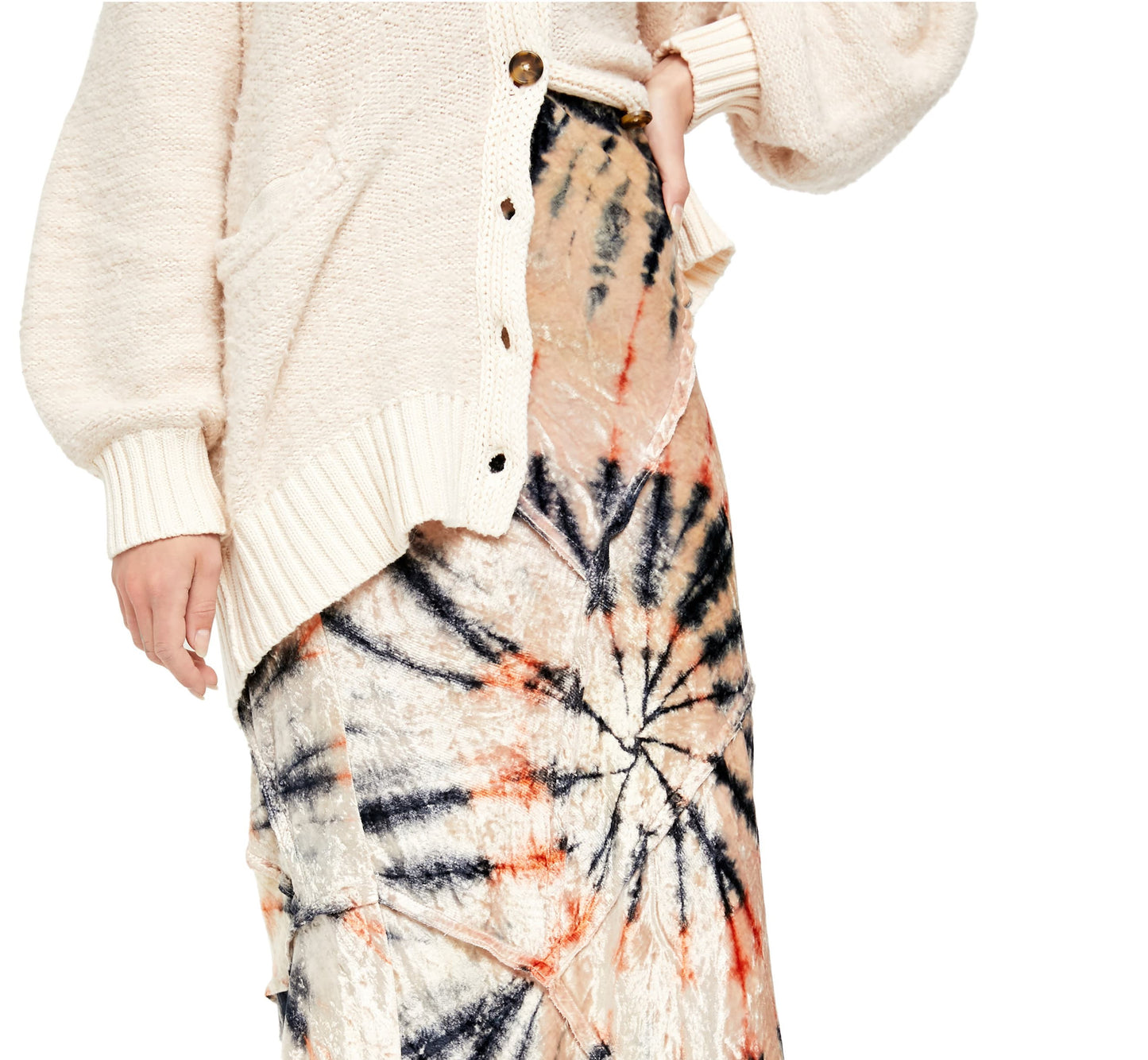 Free People Women's Serious Swagger Tie Die Velvet Skirt Beige Size Small