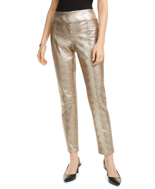 Alfani Women's Tummy-Control Gold Metallic Python-Print Trousers Brown Size 4