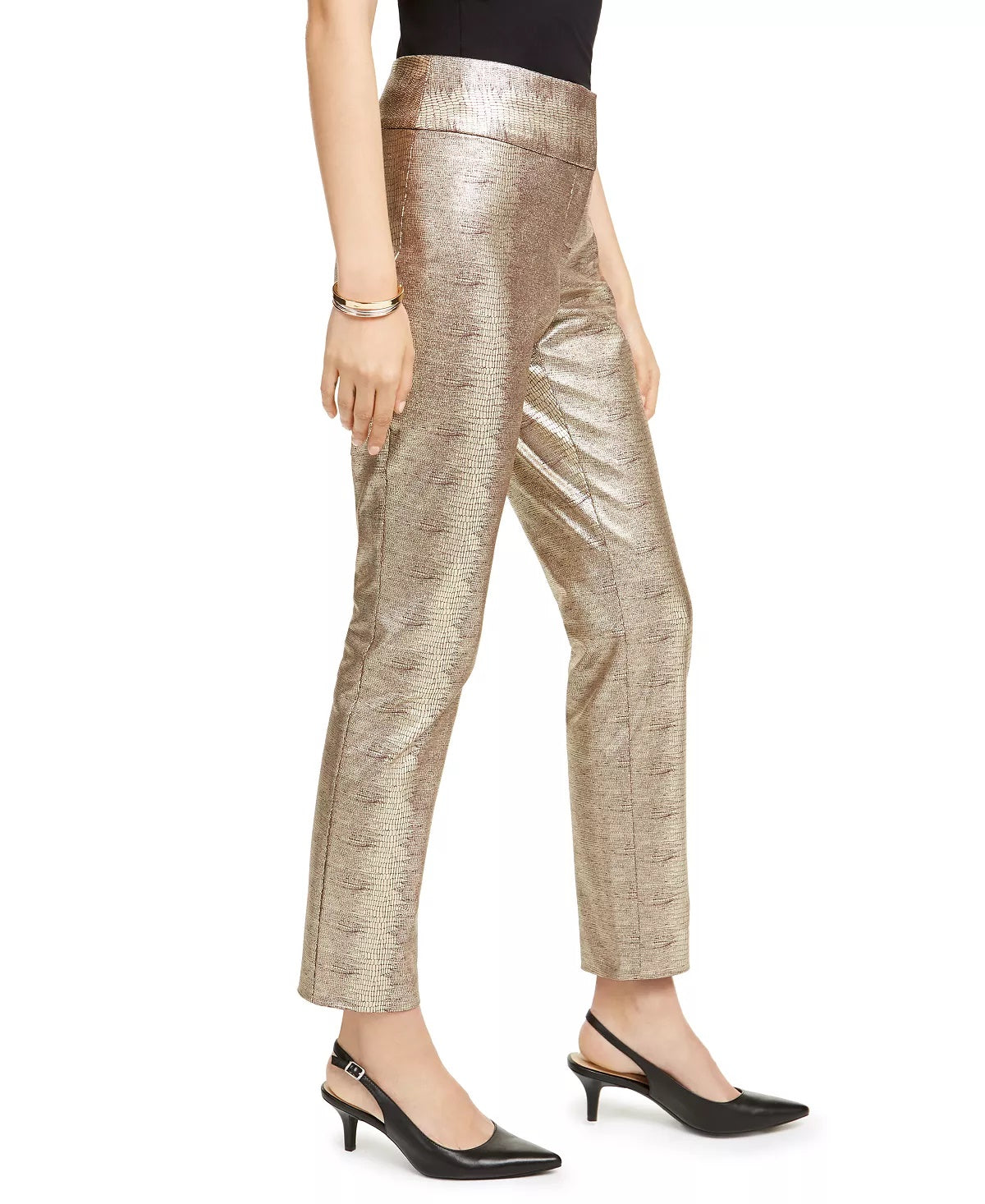 Alfani Women's Tummy-Control Gold Metallic Python-Print Trousers Brown Size 4