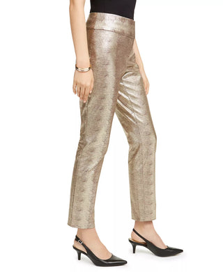 Alfani Women's Tummy-Control Gold Metallic Python-Print Trousers Brown Size 4