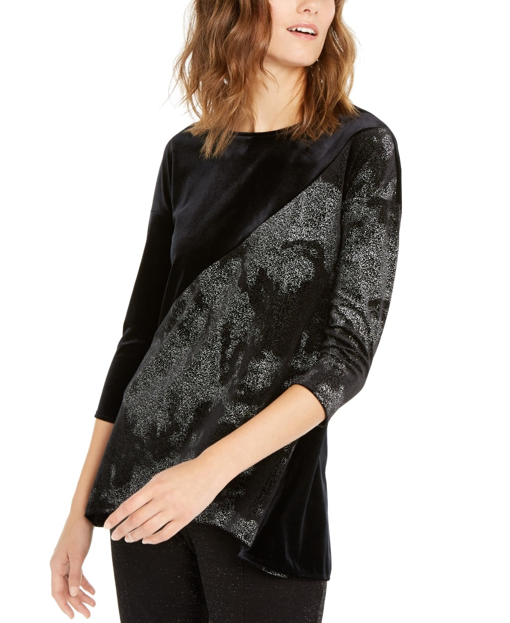 Alfani Women's Blouse Deep Velvet Foil Print High Low Black Size X-Large