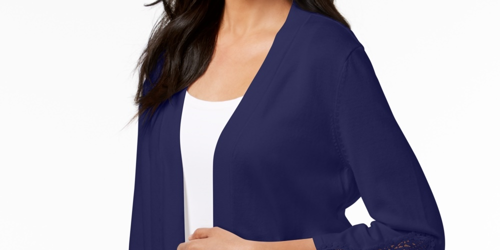 JM Collection Women's Open Front Crochet Trim Cardigan Blue Size XX-Large