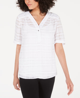Alfani Women's Plaid V Neck Top White Size Petite X-Large