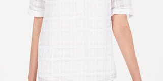 Alfani Women's Plaid V Neck Top White Size Petite X-Large