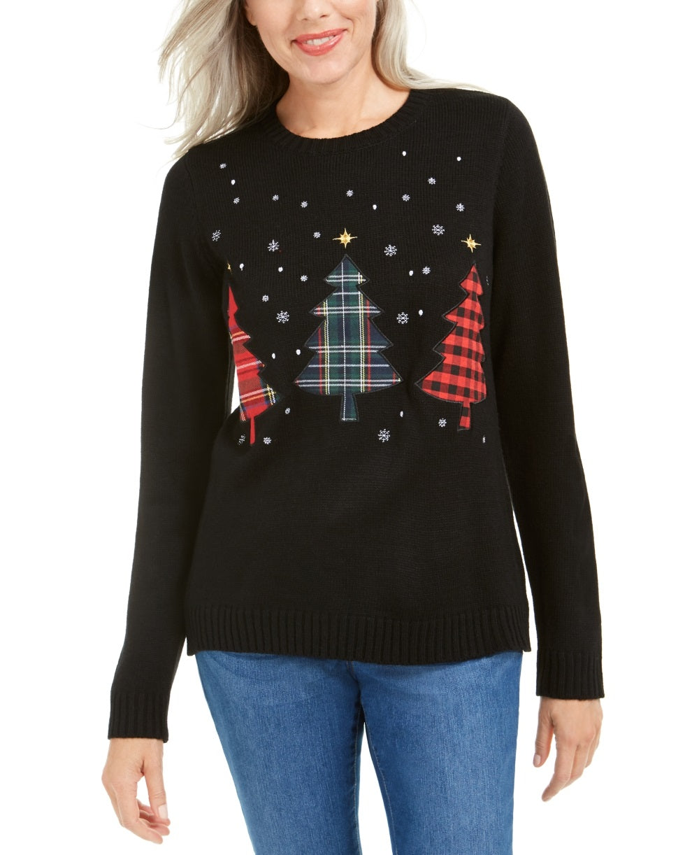 Karen Scott Women's Triple Holiday Tree Applique Sweater Black Size Small