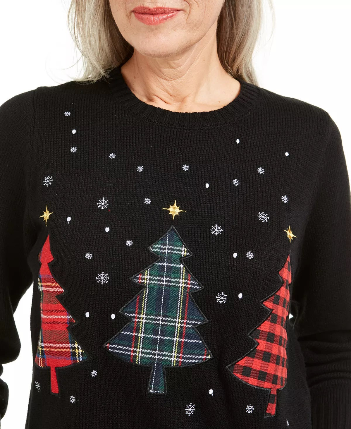 Karen Scott Women's Triple Holiday Tree Applique Sweater Black Size Small
