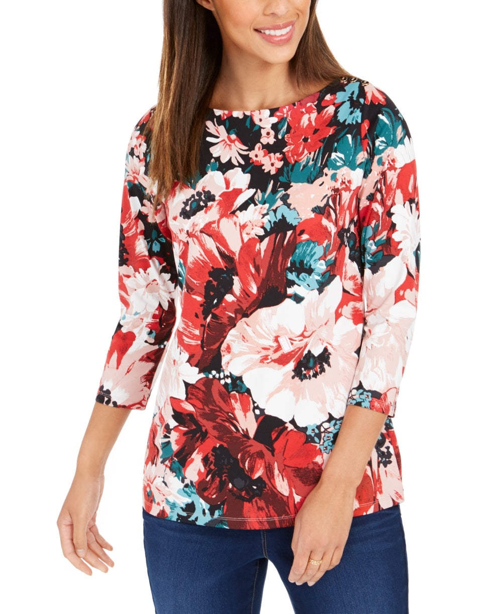 Charter Club Women's Floral-Print Boat-Neck Top Red Size Medium