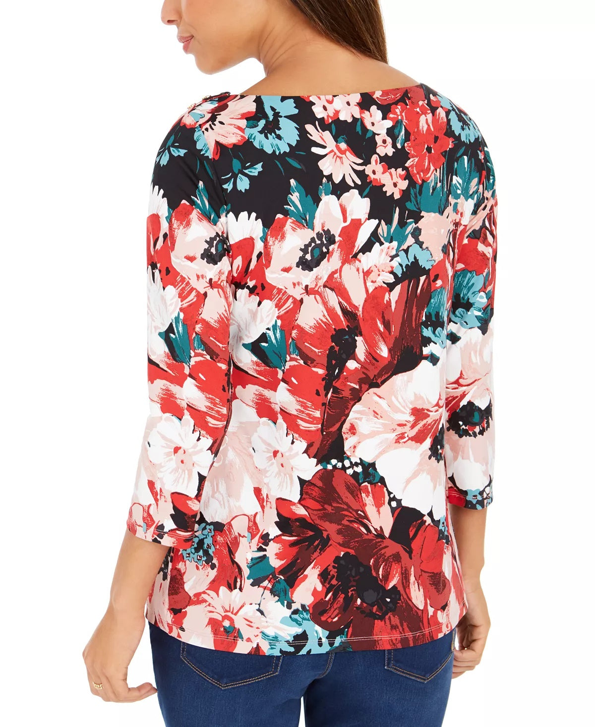 Charter Club Women's Floral-Print Boat-Neck Top Red Size Medium
