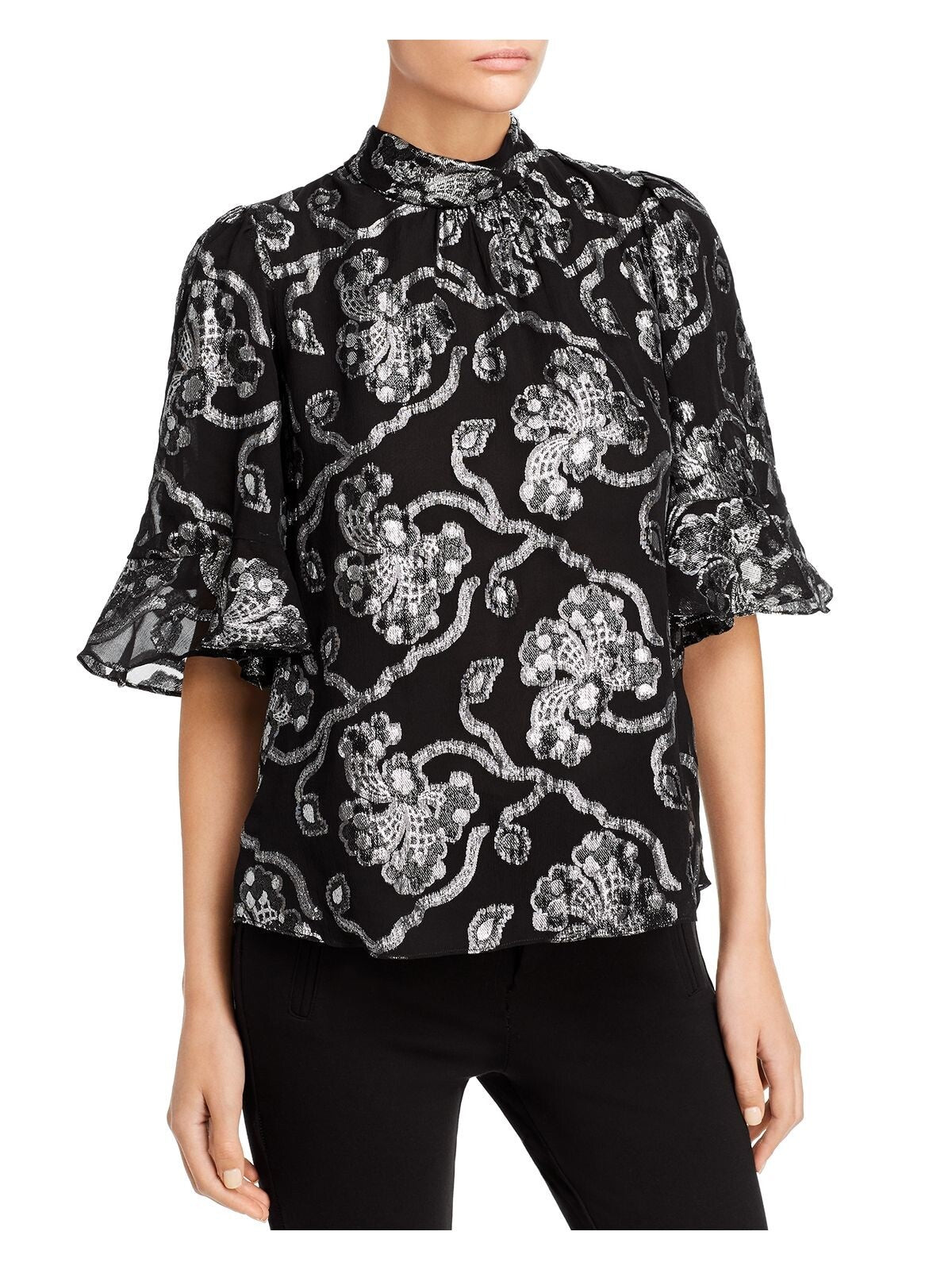 Rebecca Taylor Women's Metallic Paisley Short Sleeve Blouse Silver Size 10