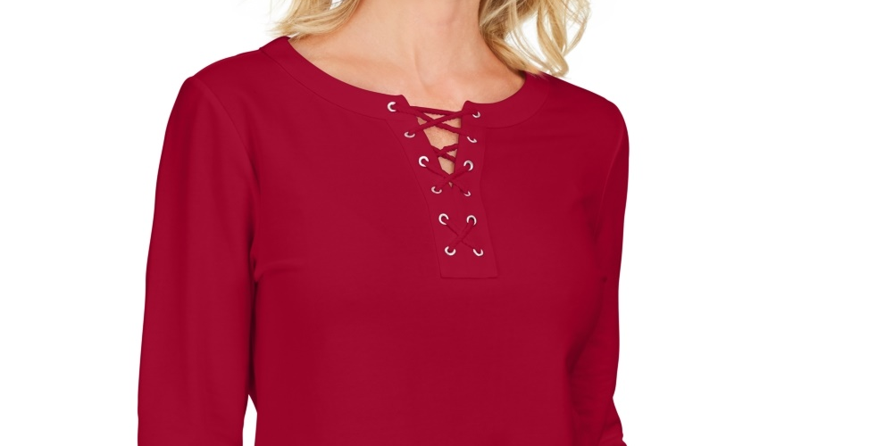 Karen Scott Women's Lace-Up French Terry Sweatshirt  Red Size Medium
