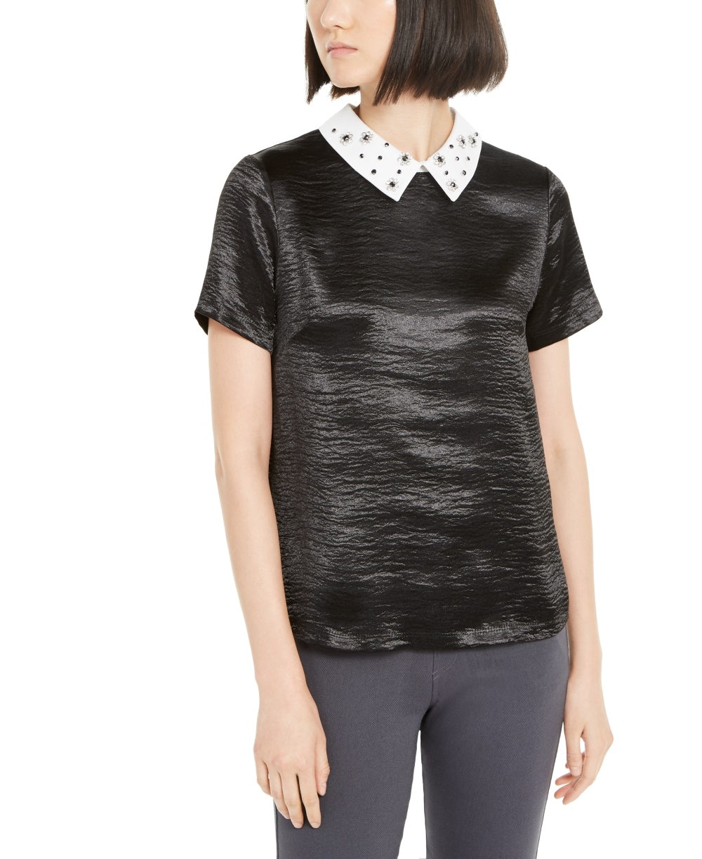 Monteau Women's Rhinestone Collar Top Black Size M