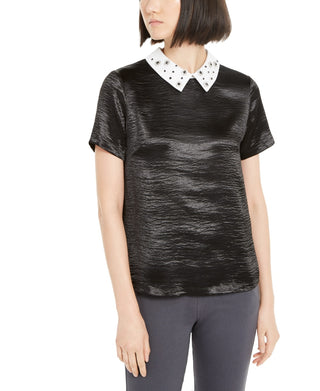 Monteau Women's Rhinestone Collar Top Black Size M